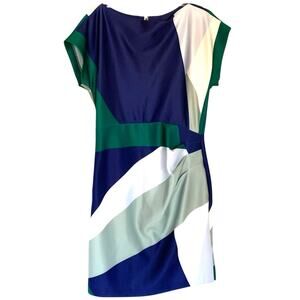 Donna Karan Silky Stretch Colorblock Dress Blue Green Cap Sleeve Ladies 12